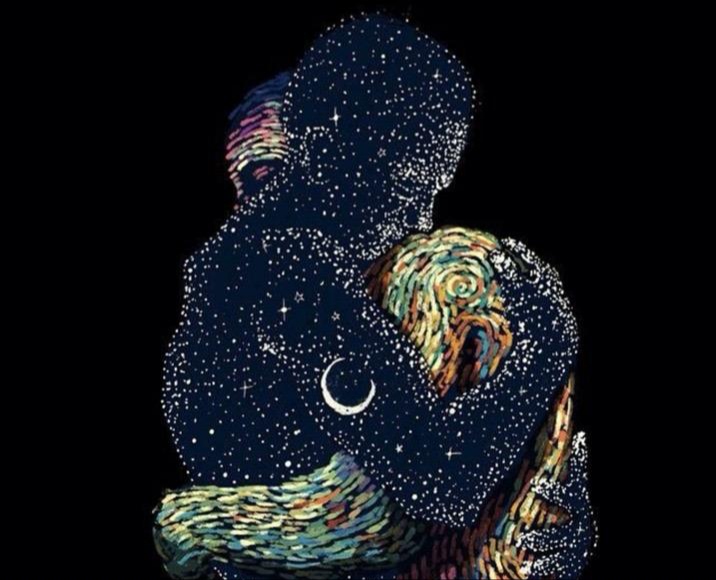 Imagem abstrata de duas figuras humanas se abraçando em acolhimento.