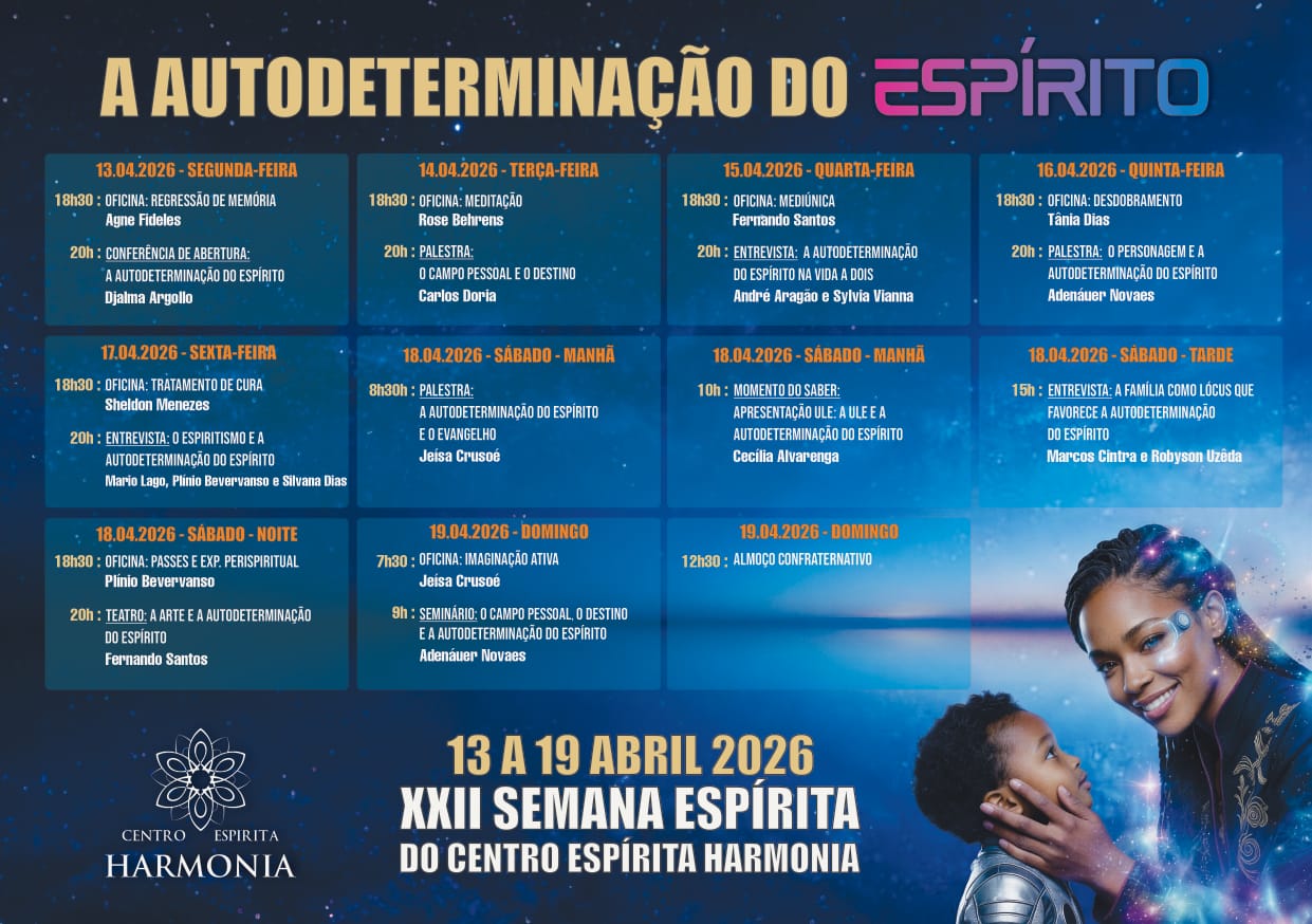 Programação da Semana Espírita Harmonia que acontecerá de 13 a 19 de abril de 2026. Disponível no calendário.